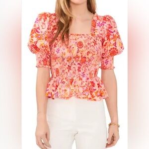 CeCe SMOCKED PUFF SLEEVE BLOUSE IN PEACH/PINK/ORANGE Small NWOT